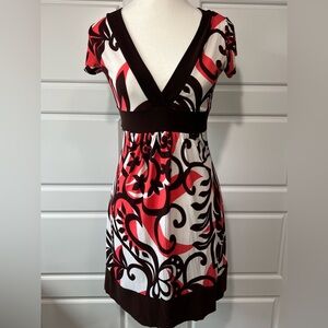 Taboo Retro V-Neck‎ Dress Brown Coral White Print Short Sleeve Mini Dress Small